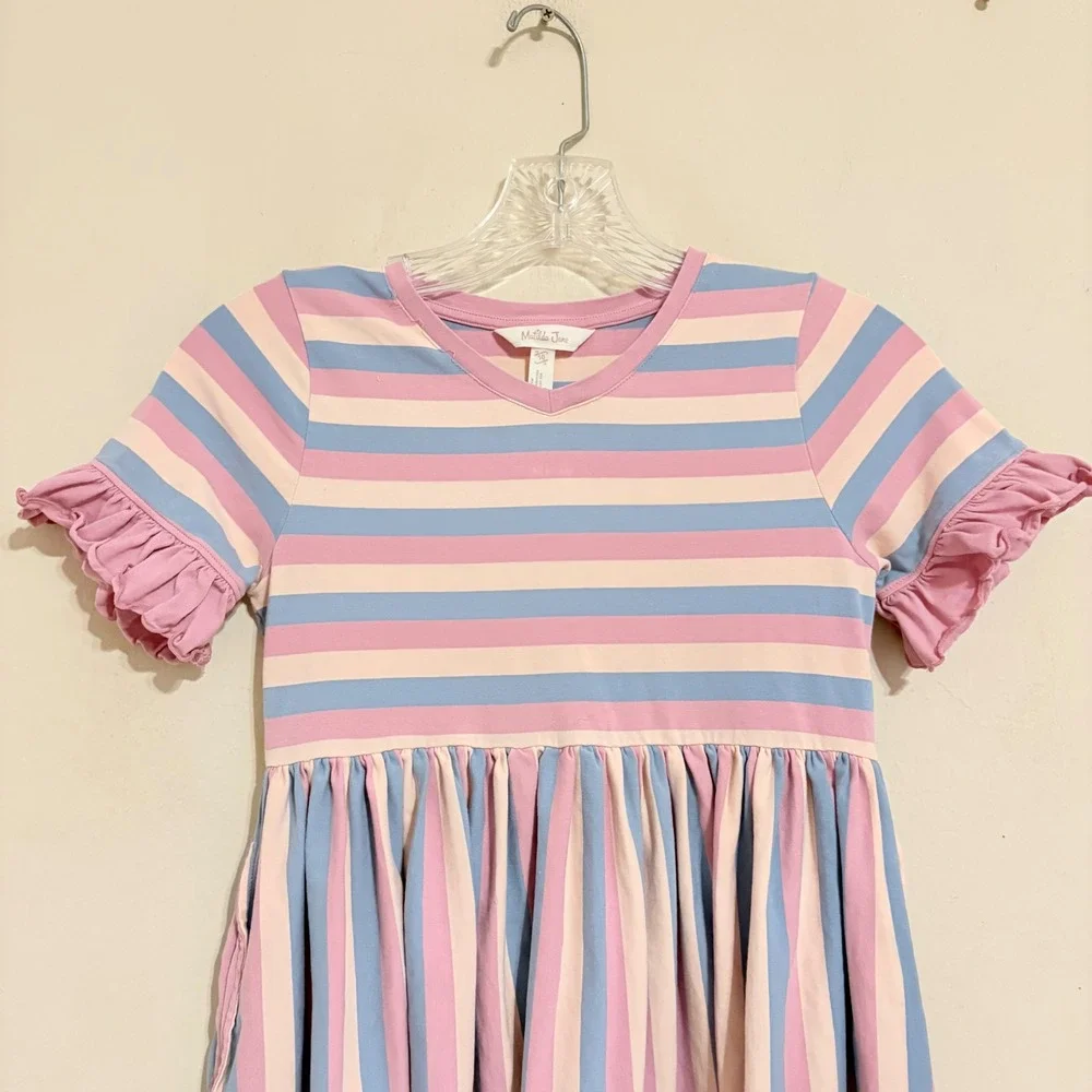 Matilda Jane Girls Emery Pink Blue Striped Ruffle Sleeve Dress Size 10 32005D